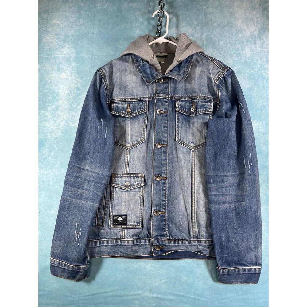 LRG Lifted Research Group Hoodie Jacket M Mens Blue Jean Faded Distressed Denim